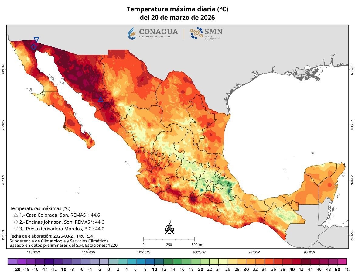 conagua_clima's tweet photo. Una circulación anticiclónica esta generando un ambiente excepcionalmente caluroso sobre el noroeste de #México. 🌡️🔥 A través de nuestras redes de medición, monitoreamos la magnitud de las #Temperaturas extremas alcanzadas este 19 y 20 de marzo https://t.co/EWbQjlrZRH