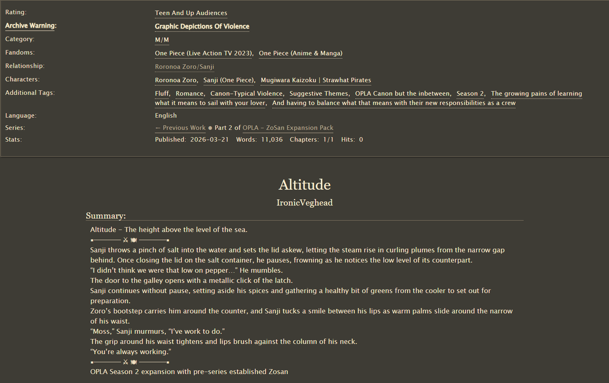 Altitude - By IronicVeghead
OPLA Season 2; #ZoSan Expansion Pack
archiveofourown.org/works/81610881
Pre-Series Established Relationship. Sequel to Axis (season 1 retelling) but can be read without it.