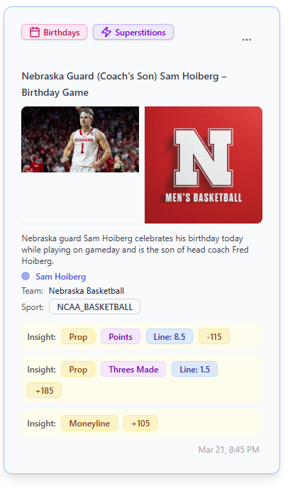 BeyondTheLineHQ's tweet photo. Nebraska Coach's son Birthday Game. Sam Hoiberg.
A little extra superstitious juices flowing for the Huskers tonight.
If you look for spots like this…
you’re in the right place.
Nebraska ML — coach’s son birthday game 👀
Look #BeyondTheLine https://t.co/Zue8BYrhUD