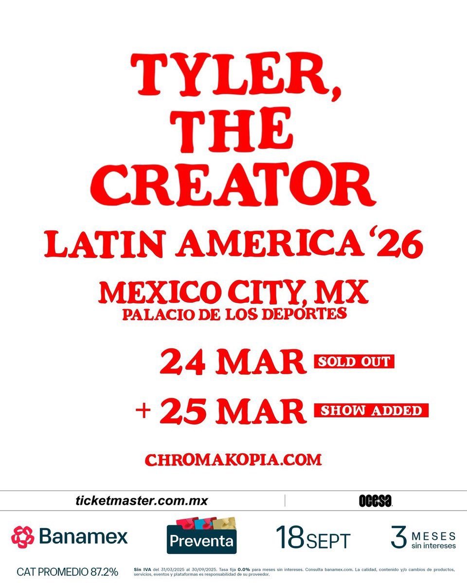 mx_tickets's tweet photo. 🚨Esta semana llegan MITSKI, Tyler, The Creator y DJO a México!!! Si no se quieren perder uno de estos conciertos hay boletos desde $350 pesitos acá👇
https://t.co/SMoEQb3pxz
#boletos #baratos #mitski #tyler #djo #mexico #cdmx #gdl #ticketsmx https://t.co/CosaNyyBfl
