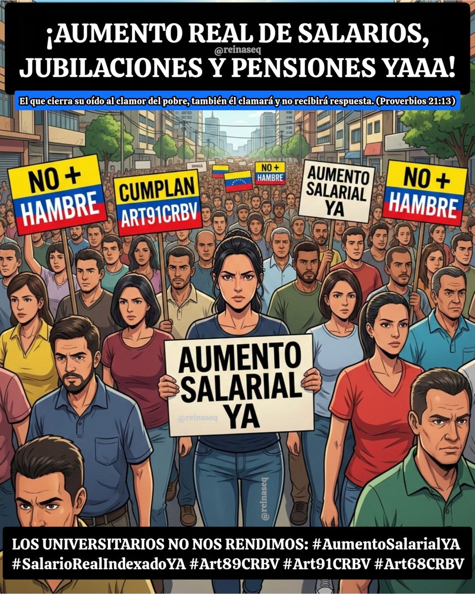 reinaseq's tweet photo. 🚨📢 ¡ES MUY URGENTE! || LOS TRABAJADORES VENEZOLANOS SIN SER RESPONSABLES DEL DESASTRE ECONÓMICO DEL PAÍS SUFRIMOS CADA DÍA LA PRECARIEDAD EXTREMA ¡BAAASTA! EXIGIMOS YA UN AUMENTO SALARIAL REAL SEGÚN #Art89y91CRBV

📢📢 LOS UNIVERSITARIOS INSISTIMOS
#AumentoSalarialYA #Art68CRBV https://t.co/ulpkBe7kDX