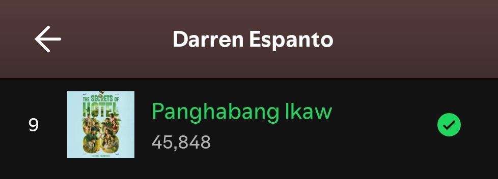 Darren's latest single  "Panghabang Ikaw"  is now at #9 on his Spotify popular songs list with over 45K streams!
 Let's keep streaming!! 💚
🔗open.spotify.com/track/7z38HZkm…

#DARREN <a href="/Espanto2001/">Darren</a>
#PangHabangIkaw  <a href="/StarMusicPH/">Star Music PH</a>
