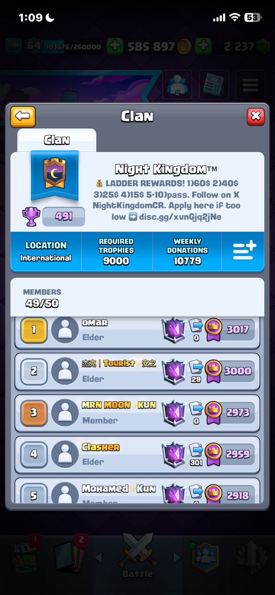Night Kingdom

REWARDS — $200 Ladder Pool  
1st — $60  
2nd — $40  
3rd — $25  
4th — $15  
5th–10th — Pass or $12  

WHAT WE OFFER  
• Join Discord for Coaching and pass giveaways  
• 100+ vouches from members  
• 4Family clans suitable for all levels
• DM for contracts