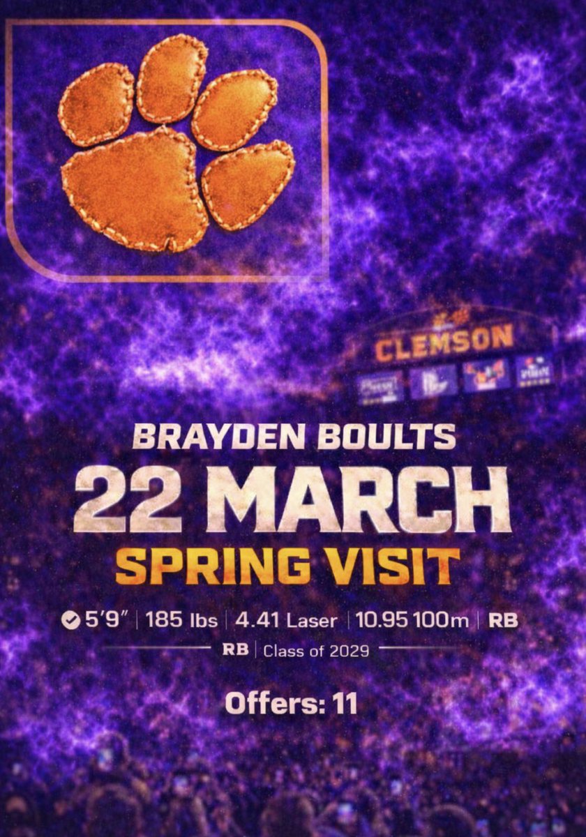 BraydenBoults's tweet image. Back in Death Valley tomorrow @CoachMattLuke @CJSPILLER 🐅 

Ready to see @ClemsonFB in action.

@coachchadmorris @TajhB10 @CoachWrightC @coachkr10 @Coach_Grisham @Clements_TJC @bnatjones 

#TrackSpeedFootballFrame 
#RBProspect #Classof2029
@CoachTMcCormick