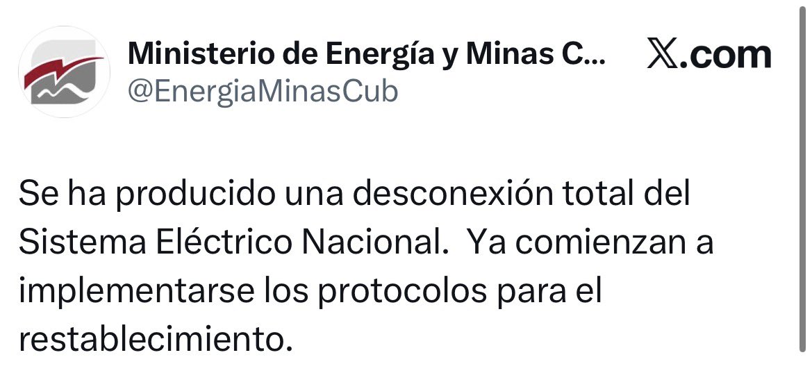 🚨🇨🇺Cuba sufre otro apagón total

Se produjo una desconexión total del Sistema Eléctrico Nacional, informó el Ministerio de Energía.
