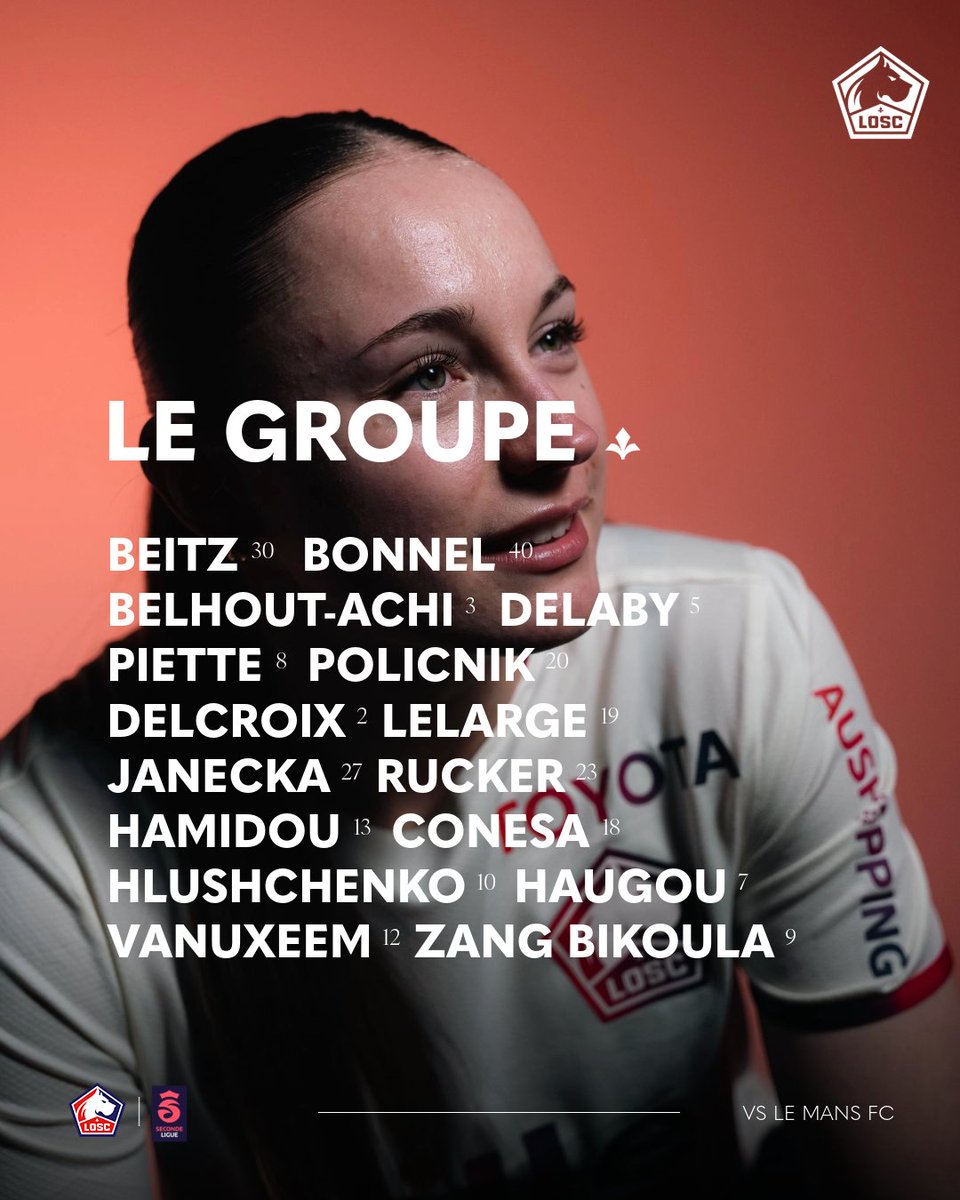 LOSC_Feminines's tweet photo. 𝐋𝐄 𝐆𝐑𝐎𝐔𝐏𝐄 ⚜️
Voici la liste des 1⃣6⃣ Dogues convoquées pour le déplacement au @LEMANSFC 👊
#LMFCLOSC https://t.co/k5UZx2M0E7