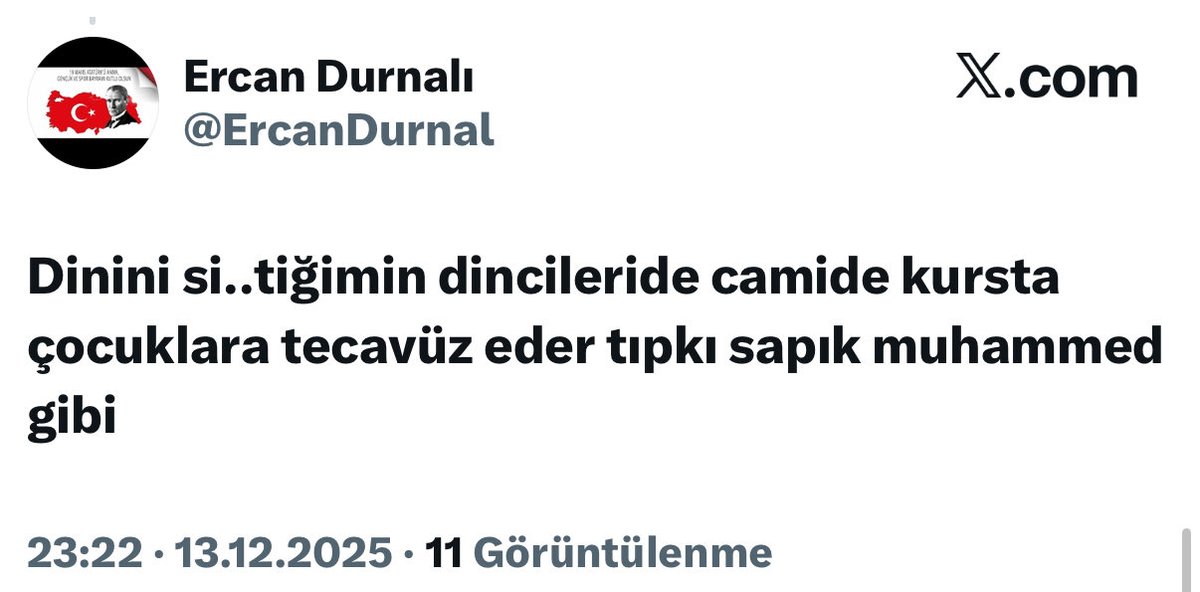 Peygamberimize küfür eden Adana ikametli Ercan Durnalı’nın tweetleri ortaya çıkmaya devam ediyor.

Bu şahsın cezaevine atılması ödül olur. Bunun ibret için boynunun vurulması lazım.

<a href="/mustafaciftcitr/">Mustafa ÇİFTÇİ</a> <a href="/abakingurlek/">Akın Gürlek</a>