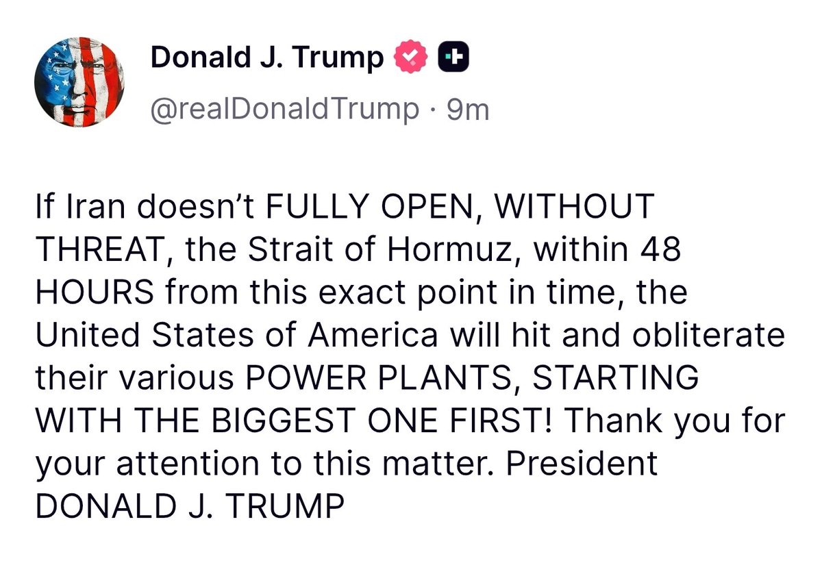 #فوری 
هشدار ۴۸ ساعته #ترامپ به جمهوری اسلامی 
ترامپ: از بزرگ‌ترین نیروگاه شروع می‌کنم!

دونالد ترامپ هشدار داد اگر رژیم تنگه #هرمز را ظرف ۴۸ ساعت به طور کامل باز نکند، ایالات متحدهٔ نیروگاه‌ها را هدف قرار می‌دهد.