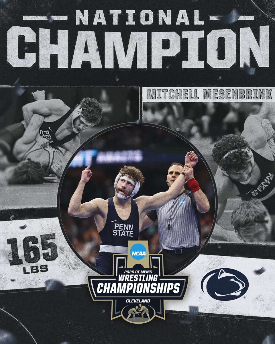 NCAAWrestling's tweet photo. A TECH FALL TO WIN THE TITLE 😳
(1) Mitchell Mesenbrink (165) of @pennstateWREST defeats (3) Michael Caliendo of Iowa with a 20-4 tech fall to repeat as the National Champion at 165.
#NCAAWrestling https://t.co/sWqfjPk4Ir