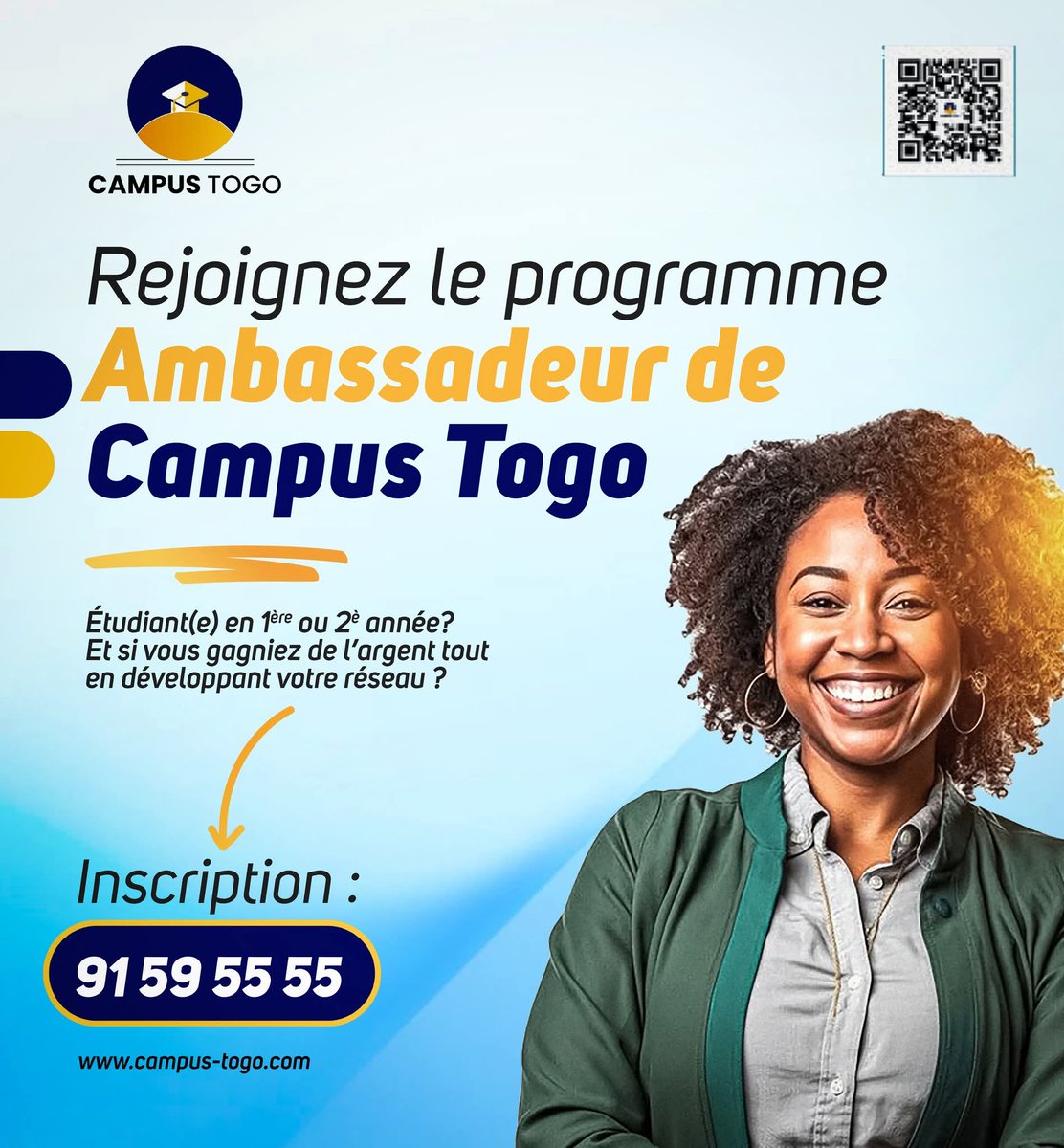 Étudiant(e), envie de développer ton réseau et saisir de nouvelles opportunités ? Rejoins vite le programme Ambassadeur de Campus Togo sur le 91 59 55 55
#ambassadeur #Orientation #Togo #EtudierAuTogo