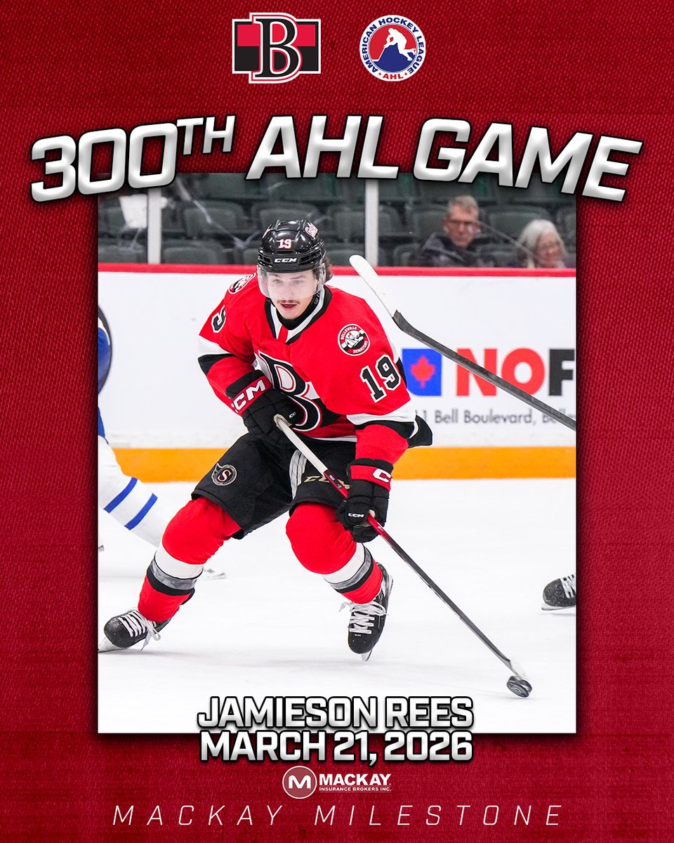 BellevilleSens's tweet photo. Congratulations to Jamieson Rees, who is playing in his 300th AHL game tonight!

#mackaymilestone | #613Country

@mackayinsurance | @TheAHL https://t.co/e1I4SHXZwh