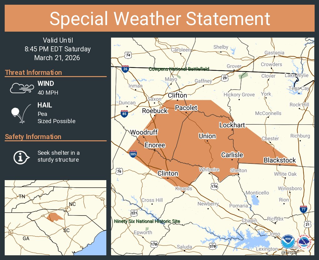 NWSGSP's tweet photo. A special weather statement has been issued for Clinton SC, Union SC and  Woodruff SC until 8:45 PM EDT https://t.co/ek4DqT3psm