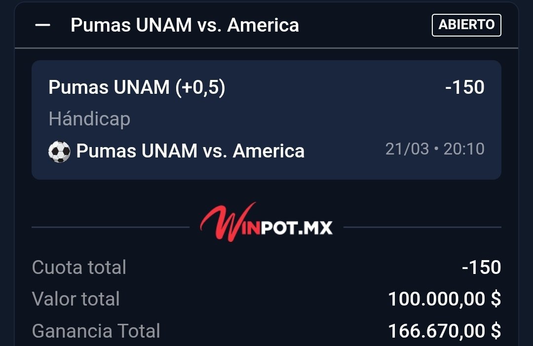 ChapitoApuestas's tweet photo. 🚨| APUESTA FUERTE

Chingones, les comparto una vez más mi APUESTA FUERTE para que la Ganemos todos 🫶 !!

#LigaMX
- Pumas +0.5 [-150]

Récord Apuestas Fuertes; 209-93 ✅️🔥

Ya saben que mis Apuestas Fuertes son ORO MOLIDO.

Los que me conocen, saben que soy Americanista. Pero soy profesional y nunca de los nuncas he apostado ni apostaría con el Corazón. Primero está ganar y hacerlos ganar a ustedes.

Sinceramente no veo como el América hoy saque la victoria en CU, así que vamos todos Juntos con esta Apuesta.

¿Me Sigues y te Subes al Barco? Deja ❤️ de la buena vibra Caraaajooo 👊 !!