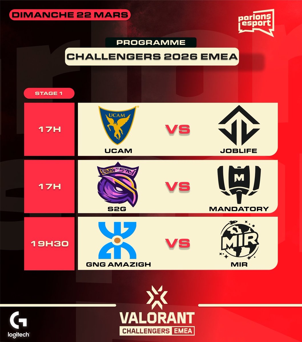 🔴 | Valorant Challengers 2026 EMEA : Stage 1

📅 Dimanche 22 mars

17h :
<a href="/UCAM_esports/">UCAM Esports</a>  🆚 <a href="/JoblifeEsport/">Joblife</a> 
<a href="/S2GEspor/">S2G Esports</a>  🆚 <a href="/MandatoryGG/">MANDATORY</a> 
19h30 :
<a href="/SportsGng/">GnG Esports</a> 🆚 <a href="/Mir_Nash_/">MIR</a> 

JL et MDR vont-ils réussir à se qualifier ?👀
#VALORANT #ChallengersEMEA