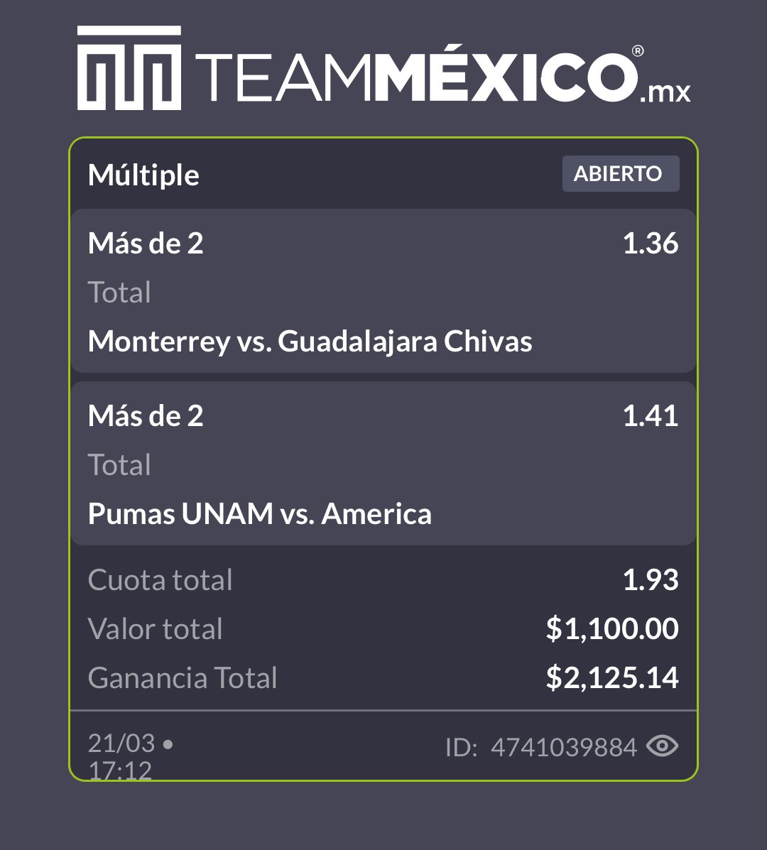 Activos princesos‼️
Repetimos la misma dosis que ayer para los dos mejores juegos de hoy de Liga MX🇲🇽
- Monterrey vs Chivas 
- Pumas vs América 

🚨Si se cumple la línea de 2 GOLES ASIÁTICOS en ambos voy a regalar 1 transferencia
(Participas si me sigues y dejas tus 🔄❤️💬)