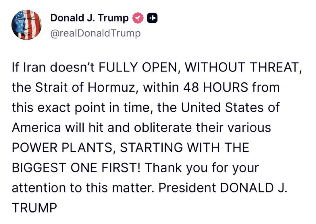 🇺🇸🇮🇷 Trump amenaza con atacar las centrales eléctricas de #Iran si no abren el paso en el Estrecho de Ormuz en 48 horas.
¿No dijo que había ganado la guerra?