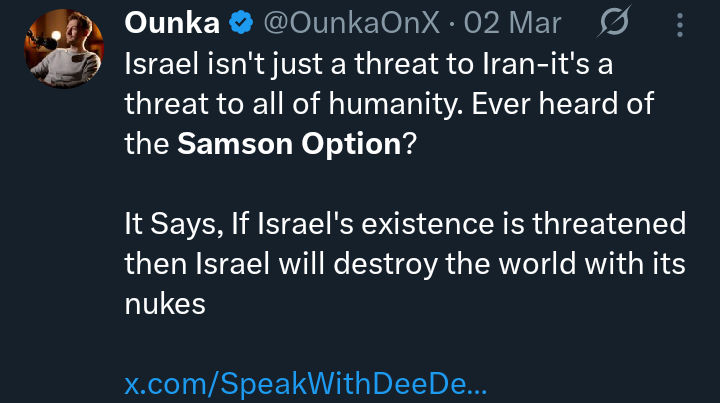 Mystique_flex's tweet photo. @IDF But Iran doesn't claim to possess a "Samson option"  that promised wipe out the entire world under any guess.
Who's the terrorist! now? https://t.co/ibuAEk16Ub