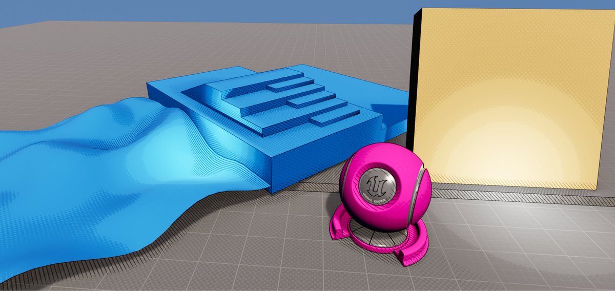Couldn't stop messing around with it, so now I've made a Comic Style Post Process Shader. I like the style but I hate that it's in Post Process. Kinda feels like I'm fighting the engine to get good results. Guess I'ma have to learn how to do a custom shading model

#indiedev #ue5