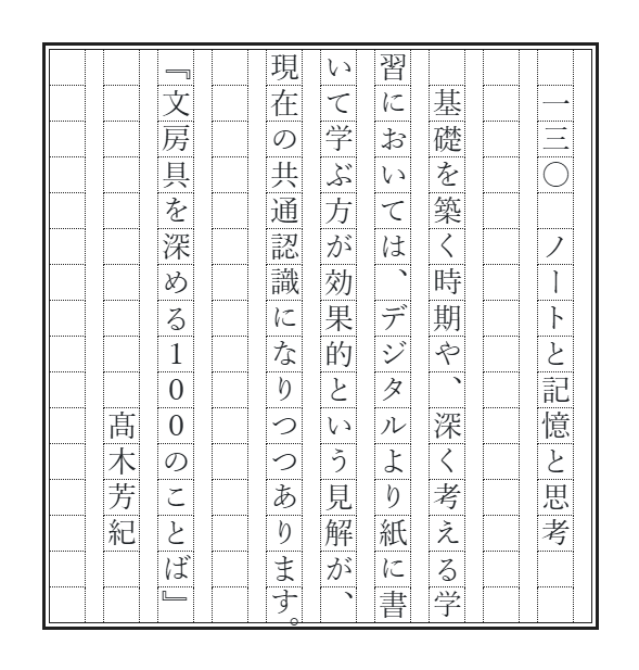 novelty_lab's tweet photo. いち早く教育現場のデジタル化を進めた北欧あたりでは「何でもかんでもタブレット」という状態から、紙の教科書や手書きの学習を再評価する段階になっていると聞きますね。
紙に書く利点は脳科学の研究からも報告が相次いでいますし、ノートを作っている立場としては、少しホッとしております。

【文100書写】最初の一行がタイトル（全100話＋新作）です。ナンバリングは書籍では英数字ですが、書写では縦書きの方が多いようですので、漢数字といたしました。でもいろいろお好きに書いていただければ幸いです。

#筆欲 
#文房具を深める100のことば 
#週末書写 
#文100書写延長戦 
#文100書写_130