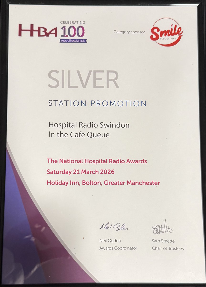 HRSwindon's tweet photo. We’re absolutely delighted to share that Hospital Radio Swindon has taken home a Silver Award at the HBA UK 2026 Awards! 🥈✨

We have won the award for the Best Station Promo -  In The Café Queue.

#HBAAwards2026 #ProudMoment https://t.co/UmCo5zs3o3