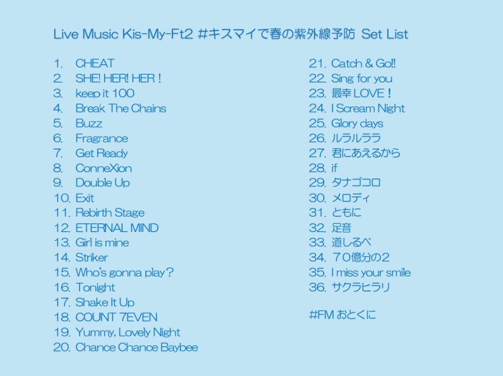 FMOTOKUNI_LM's tweet photo. ライブミュージック『#KisMyFt2 🛼 #キスマイで春の紫外線予防 🩵』春は紫外線キツいのでしっかり予防&amp;スキンケアしましょう☀
本日20時25分〜夜の部🎂
22時54分〜 #朝までキスマイ 2026.2.11🛼もお楽しみに🦉
#FMおとくに https://t.co/xmRRqCDCRc