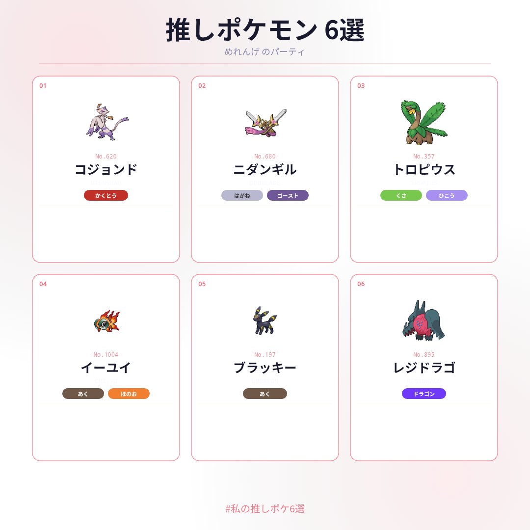 mov_mel's tweet photo. 推しポケモン6選 🎮✨
コジョンド・ニダンギル・トロピウス・イーユイ・ブラッキー・レジドラゴ
#私の推しポケ6選 #ポケモン https://t.co/lISD8QzBli https://t.co/Smi3HjWZ8F
