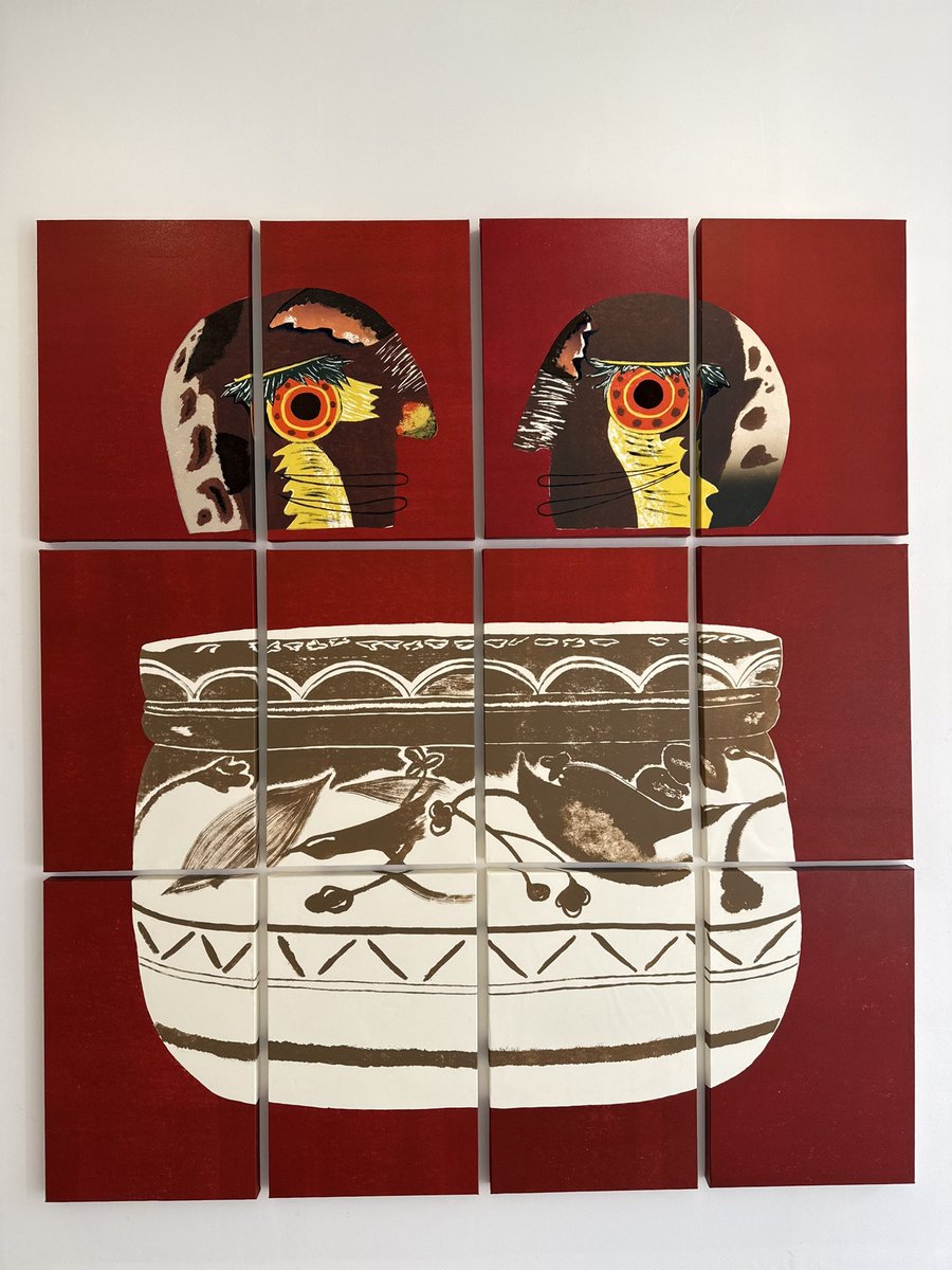 mochiunagi's tweet photo. KATSUYA SUSUKI GALLERYで河本理絵 + 小原若菜 「隣人の鼻歌」を見てきた。心象風景を描く2人の作家だ。とはいえ版画とペインティングで技法は対照的だ。偶然被ったという作中のモチーフ「壺」が2人を結びつける。 https://t.co/1KNMiYgDE9