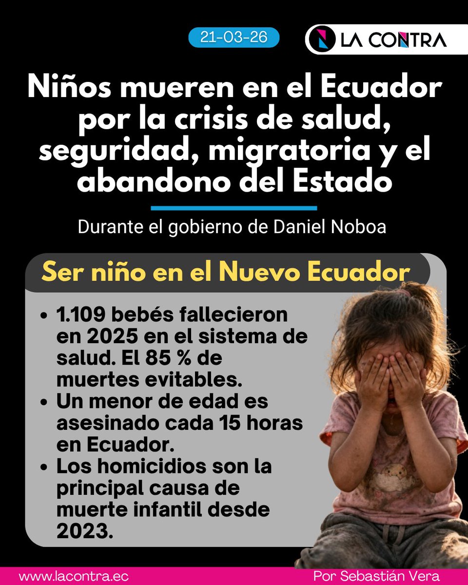 LaContraEc's tweet photo. ✍️|| Una madre recibió el cadáver de su bebé en una caja de cartón en un sistema de salud colapsado, en el que el 85 % de muertes de neonatos fueron evitables. Un menor de edad es asesinado cada 15 horas y otros tiene que migrar por la crisis.

@sebis_vera describe cómo es ser niño en el Nuevo Ecuador

🔗https://t.co/Qw4XHCBo4F