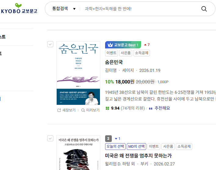 정치/사회 베스트셀러 #숨은민국 #김미영
product.kyobobook.co.kr/detail/S000219…