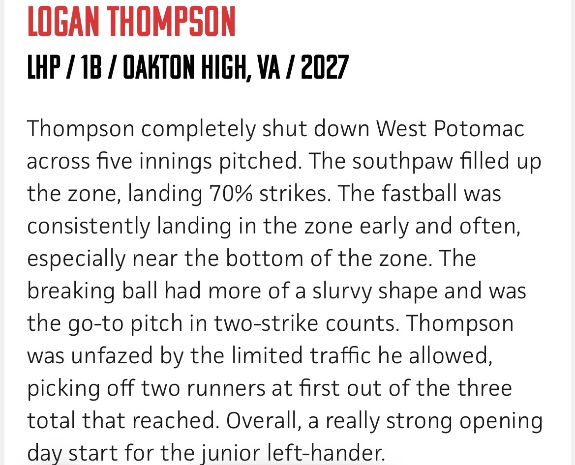 logan_thomp2027's tweet photo. Felt good for the beginning of the season @OHSCougarsBSB.  
5 INN, 6 SO, 2 PIKs, 49 pitches - 70% strikes. 
Thank you to @GriffinMurphy46 for your work behind the plate. Always strong. 
Thank you @PrepBaseVAS for the write up online! https://t.co/qUIJU2sYRI