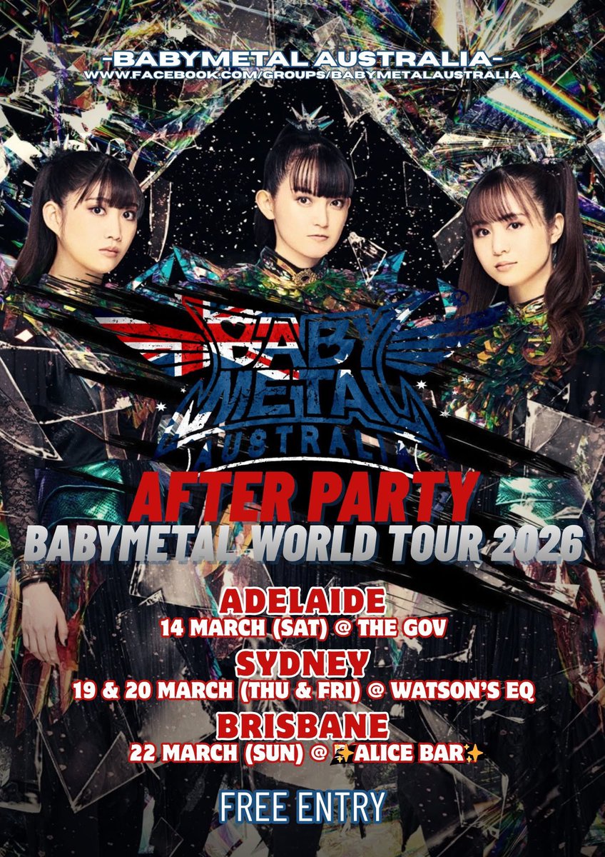 There has been a change of venue for tonight's after party! Come join us at Alice bar after the show! It's a 20 minute walk from the venue! 🤘🦊

#BABYMETAL #Brisbane 
#BABYMETALAUSTRALIA
#BABYMETALWORLDTOUR2026