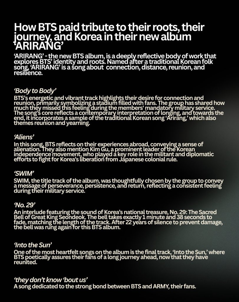 BTS’ new album ARIRANG is full of storytelling, history, connection, and authenticity. 

How BTS paid tribute to their roots, their journey, and Korea in their new album ‘ARIRANG’

[Personal commentary]