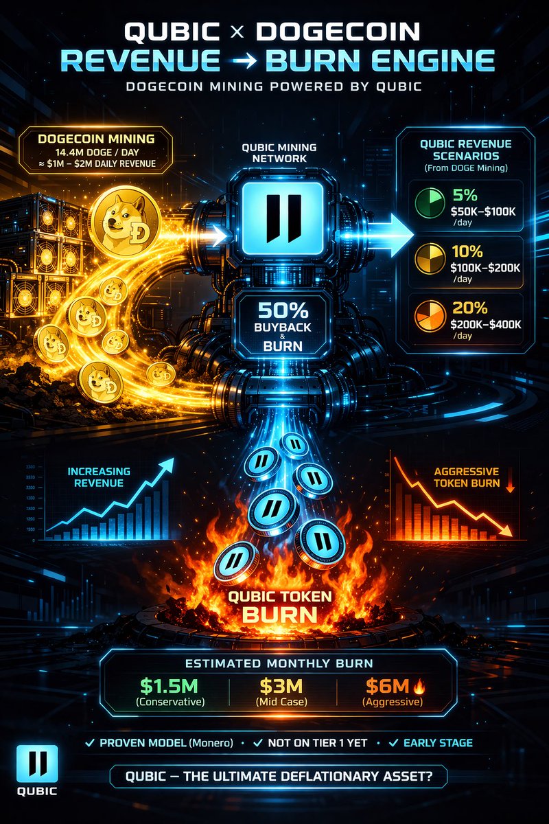 QUBIC is about to tap into one of the BIGGEST revenue streams in crypto 👇

Dogecoin mining.

Let’s break down what this could mean:

🧠 Dogecoin network generates:

• ~14.4M DOGE per day  
• ≈ $1M–$2M daily revenue  

Now imagine QUBIC capturing just a fraction of that 👇

If