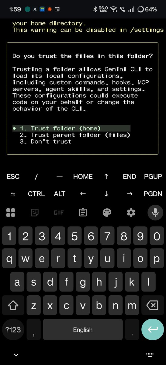 JeffNyzio's tweet photo. Installed @geminicli  on my OnePlus 12 (Android Phone) Let the digital hijynx commence. 

#google #ai #nizbot #notyouraverageautomaton #geminiCli #oneplus #android https://t.co/FmI7IarSyG