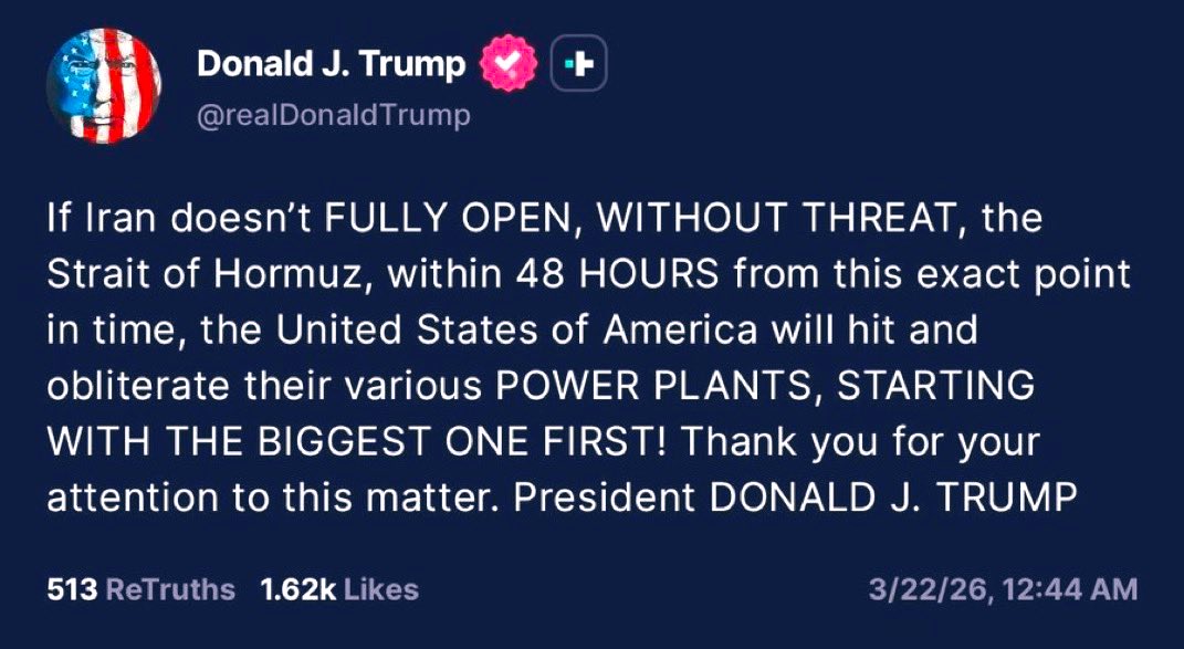 اسمع جعجعة بدون طحين.
مهرج البيت الأبيض ترامب يطلق تهديدات جديدة بضرب محطات الكهرباء في إيران.. وكأن العالم لم يسمع هذا النوع من التهديدات الجوفاء ألف مرة من قبله. الرجل يبحث عن صناعة "انتصاراً" وهمياً جديدا بالقول ان  إيران تراجعت عن إغلاق المضيق، بينما إيران لم تغلقه أصلاً، بل
