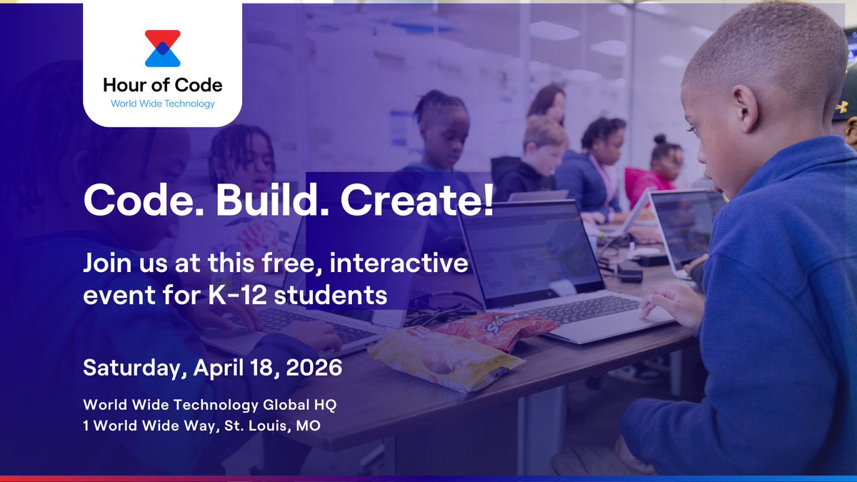 WWT’s Hour of Code is back! Join us on April 18 for a day full of coding and creativity, where K–12 students can explore coding and AI through fun, hands‑on activities at our Global HQ in St. Louis.

Ready to join the fun? Register here: ms.spr.ly/6010QqFk6