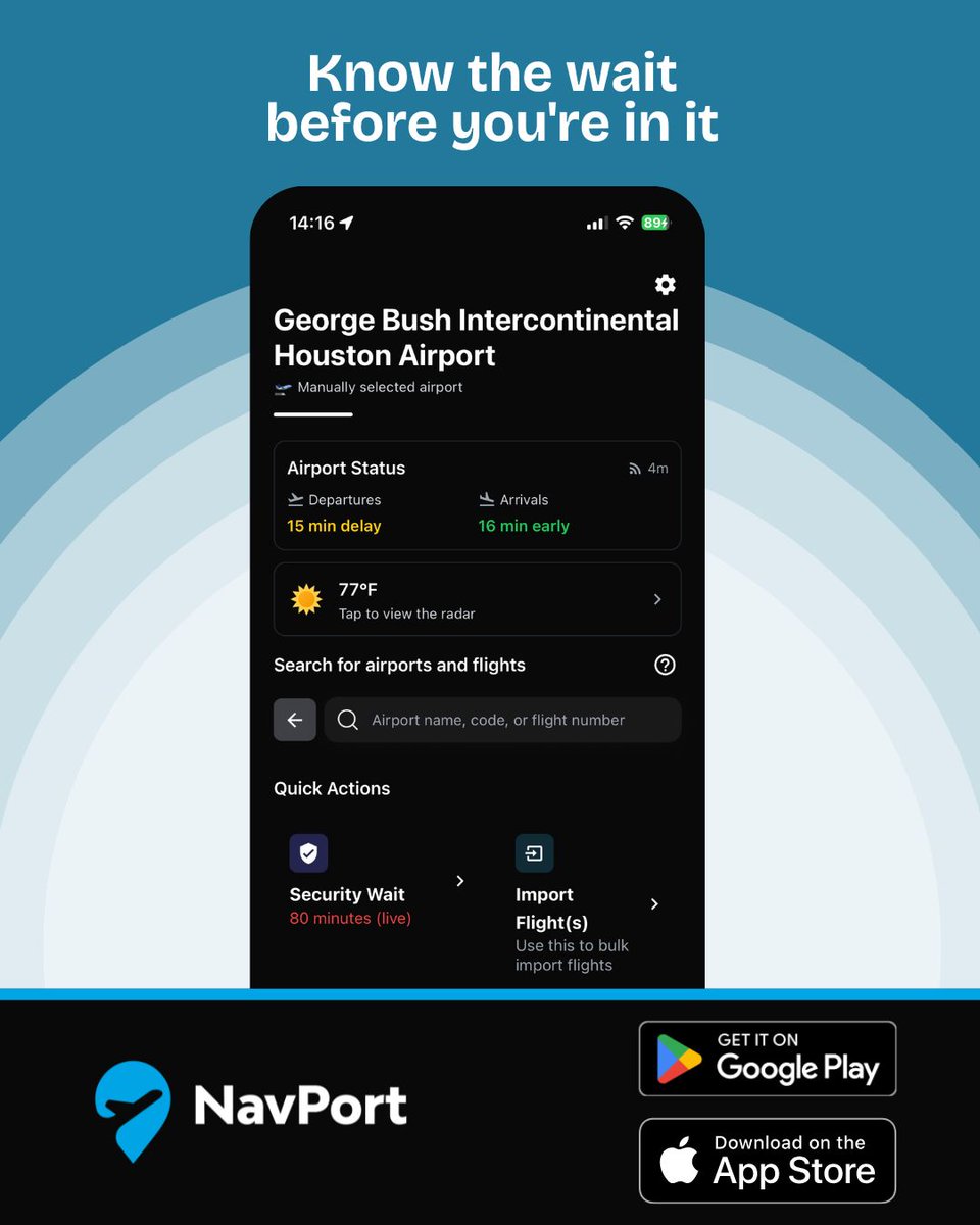 TSA lines are surging nationwide, and the government shutdown is only making it worse. NavPort shows live security wait times before you leave for the airport. Plan around the chaos, not into it. Download NavPort today, it's free!

*Live security data available at select airports
