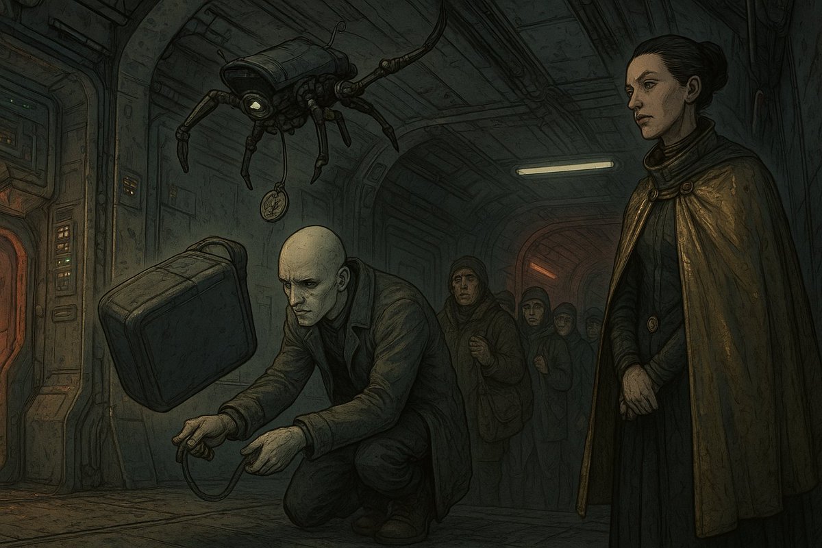 Revised airlock advice: if a Solvant stamps on your anti-gravity case with both practical boots, do not object. That is assistance. Left alone, the thing will drift up the queue, insult a beam ledger, and summon a retrieval drone with firmer ideas about ownership than the law.