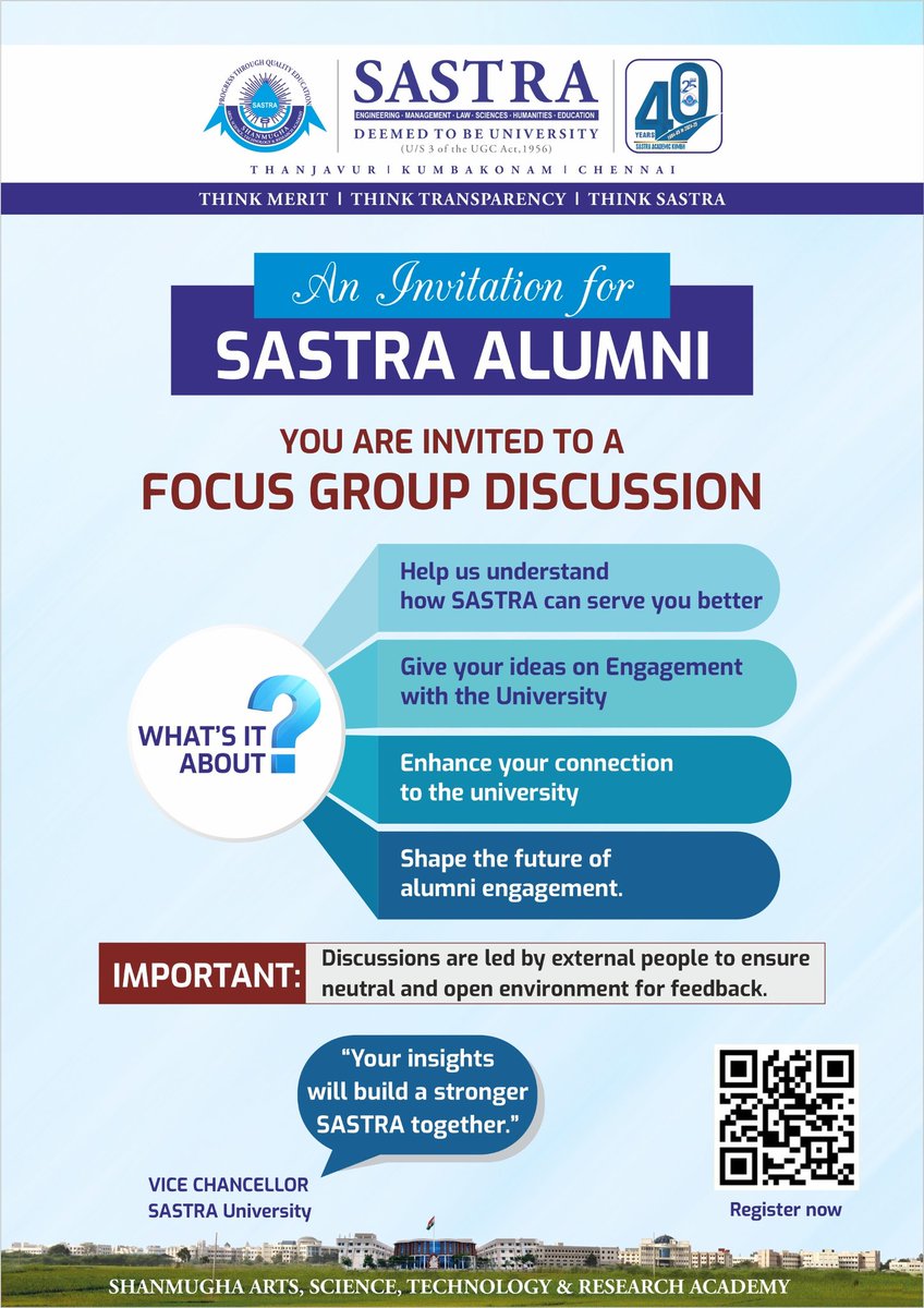 SastraUniv's tweet photo. Requesting @SastraUniv Alumni to kindly spare time and register for this important event organised by a partner in progress. There are 3 date options to choose from. Your valuable inputs will be a great source of further growth. @SASTRAUniAlumni @SVaidhyasubrama https://t.co/e1asU9gg9S