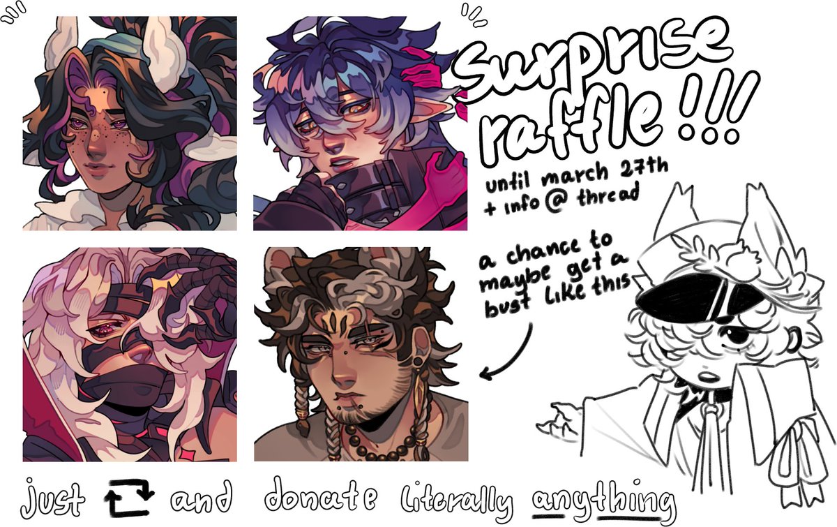 hello! my friend is going through a rough patch right now, so i'll be hosting a small raffle to try helping him! anyone who donates literally anything &amp; shares will enter a raffle for one of those detailed busts i usually charge quite a bunch for! +