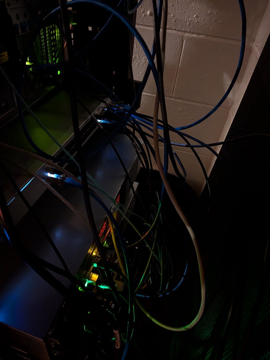 LangrillSec's tweet photo. Look at them blinkenlights. 25gbe upgrade complete. Next stop 200+ for ai clustering! https://t.co/q5TyNg7C9B
