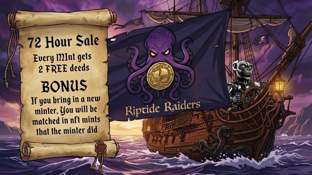 launchmynft.io/collections/0x…
                 
           72-HOUR PLUNDER SALE – ARRRR!
The Cap'n's declared war fer the next 72 hours only! Set yer course quick afore the winds shift!

Every mint ye claim nets ye 2 FREE DEEDS
Aye, fer each chest ye crack open with a mint, two shiny