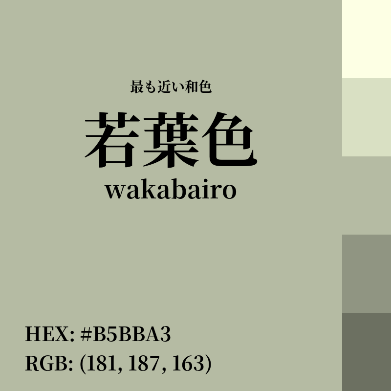 irocode_jp's tweet photo. RGB: (181, 187, 163)
HEX: ＃B5BBA3

🎨 最も近い和色
若葉色(wakabairo) - 類似度 93%

💡 この色の心理効果
安心感と協調性を高める
自然治癒力を高める
目の疲れを癒やす効果

👇配色のアイデアを探す
https://t.co/TWdW5bM7CZ

#若葉色 #デザイン #カラーコード https://t.co/GwPUS9uzEt