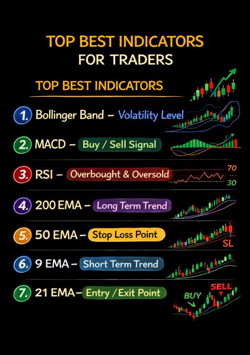 📊 Top 7 Indicators Every Trader Should Know!

Want to improve your trading strategy? These indicators help you read the market like a pro 👇
✔️ Bollinger Bands – volatility insights
✔️ MACD – buy &amp; sell signals
✔️ RSI – overbought/oversold zones
✔️ EMAs – trend &amp; entry precision