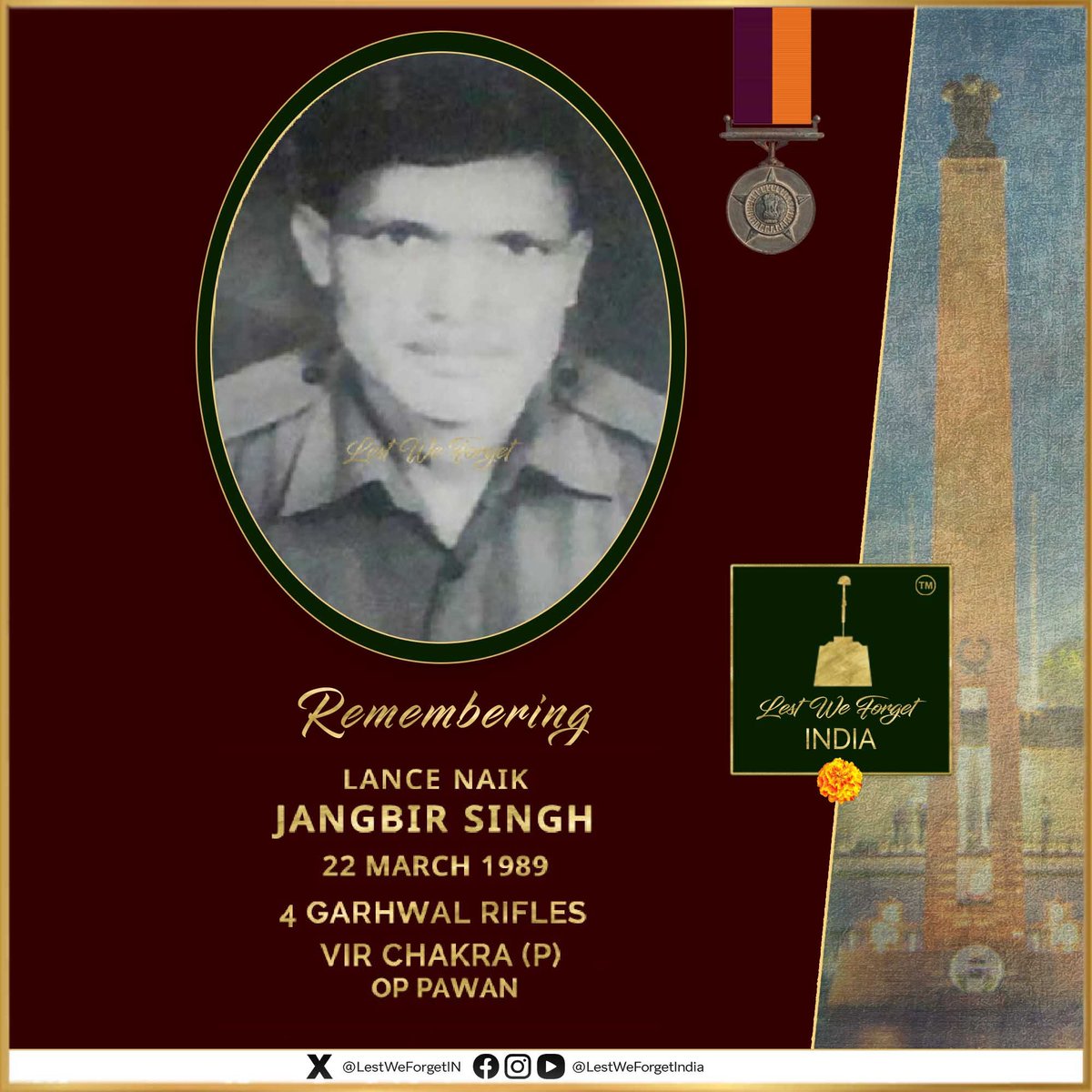 LestWeForgetIN's tweet photo. Valour in the face of heavy odds

#LestWeForgetIndia🇮🇳 
Lance Naik Jangbir Singh
Vir Chakra(P)
4 GARHWAL RIFLES

L/Nk Singh laid down his life fighting LTTE militants during #OpPawan in Sri Lanka, #OnThisDay 22 March in 1989

L/Nk Singh was performing the duties of Light Machine Gun Number 1 with Number 14 Platoon of Echo company 4 Garhwal Rifles. The company had been tasked to advance, contact and reduce a militant camp in the Nayaroo lagoon area of Northern Vavuniya sector of Sri Lanka.

On the 22 March 1989 the leading platoon of the company contacted the militants. A fierce exchange of fire ensued resulting in casualties in the platoon.

It was at this time that number 14 Platoon to which L/Nk Singh belonged, was tasked to move towards the southern flank. L/Nk Singh was ordered to move his detachment to a point 30 meters away and engage the militants so that the rest of the platoon can move back to a safe area.

In the dash to the indicated point under heavy fire L/Nk Singh was separated from number 2 of his detachment thus, reached there alone. Unmindful of the fact that he was alone, he immediately engaged the militants with sustained and accurate fire. Due to his fire, the platoon commander regained balance and redeployed his platoon some 30 meters behind the area where contact had been made.

However, his position came under heavy automatic fire and an RPF rocket burst above injuring him on the shoulders.

Though isolated and under great stress and pain, the #IndianBrave continued firing accurately. By the time the platoon Havildar returned to rescue L/Nk Singh, the latter was hit by a burst of militant fire and he fell on the spot.

Lance Naik Jangbir Singh displayed conspicuous courage and valour in action against the militants. He was awarded the Vir Chakra (Posthumous).

Remember L/Nk Jangbir Singh - his valour and supreme sacrifice always🏵️