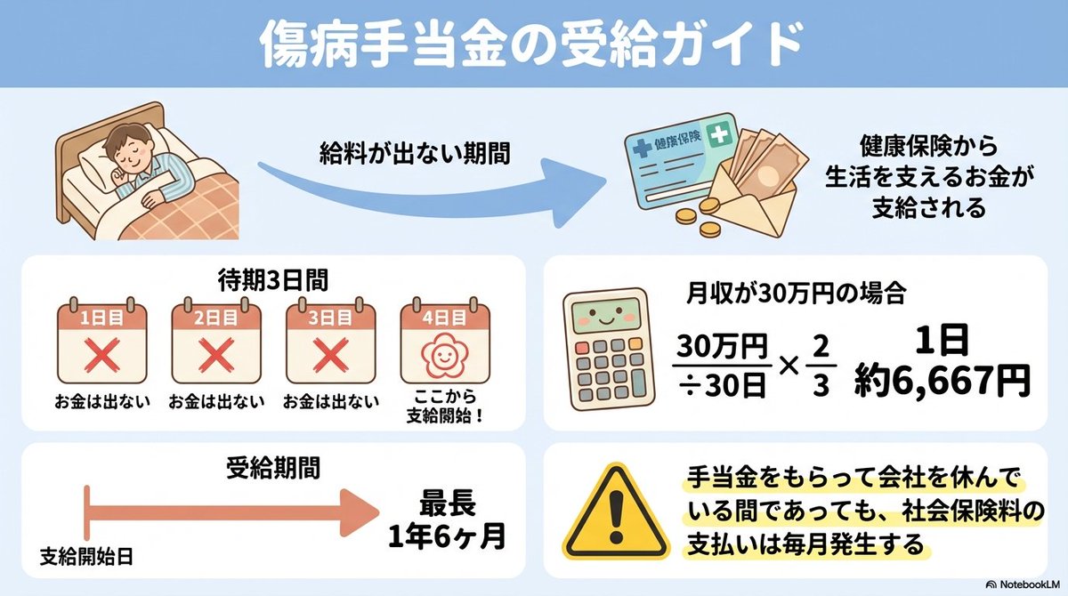 rooushisou's tweet photo. 会社を休んでも給料の2/3もらえる制度、知ってますか？

【傷病手当金】
✅ 待期3日間は支給なし
✅ 4日目から支給スタート
✅ 月収30万なら1日約6,667円
✅ 最長1年6ヶ月受給できる

FP3級で必ず出る。
知っておくと人生で使える知識。

#FP3級 #社会保険 #資格勉強
https://t.co/znrQlt3gdh https://t.co/yctZohdB32