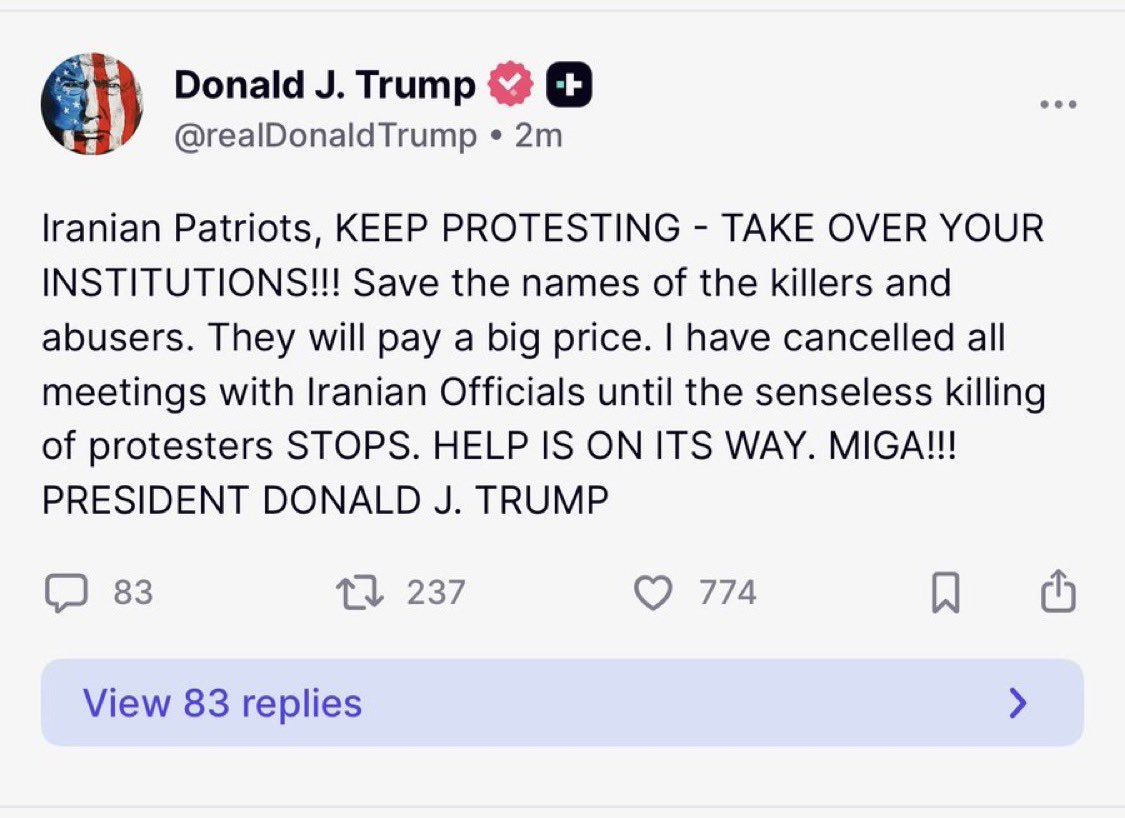 68 days. That’s how long it took to go from “helping the Iranian people” to threatening to destroy their power plants.

#pathetic