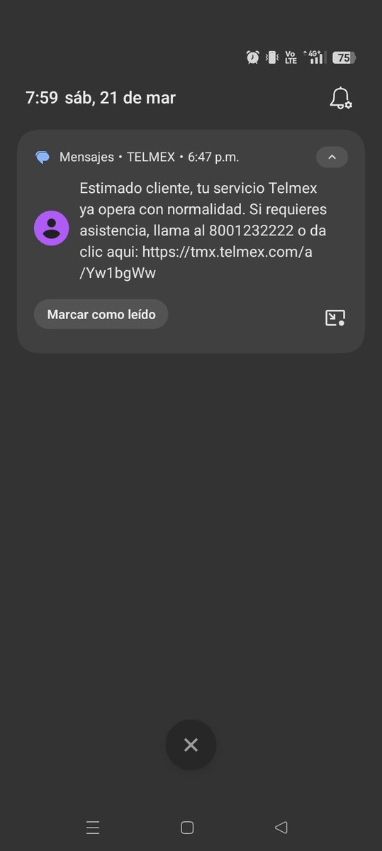 CochilocoBlack's tweet photo. Mandan este mensaje, llego a casa a verificar y no cuento con servicio telefónico.@Telmex @hectorslimseade @Profeco @SEGOB_mx @BuenGobierno_mx @ClaraBrugadaM @Claudiashein #demandacolectivatelmexya https://t.co/C1aMTx0Ql9