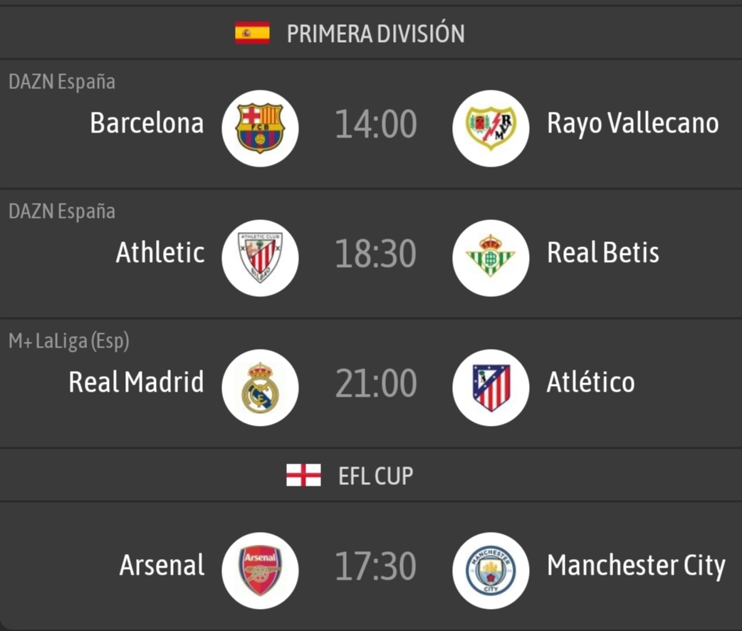 fran_navarr0's tweet photo. SUPER #MenuDomingo ordenado por horas 
🎉🎊🥳

⏰14'00 Barça vs Rayo

⏰🔥17'30 Arsenal vs City
🏆#CarabaoCupFinal

⏰19'15 aprox 2ºT Athletic vs Betis

⏰🔥21'00 Madrid vs Atlético https://t.co/ntGeUmvG5X
