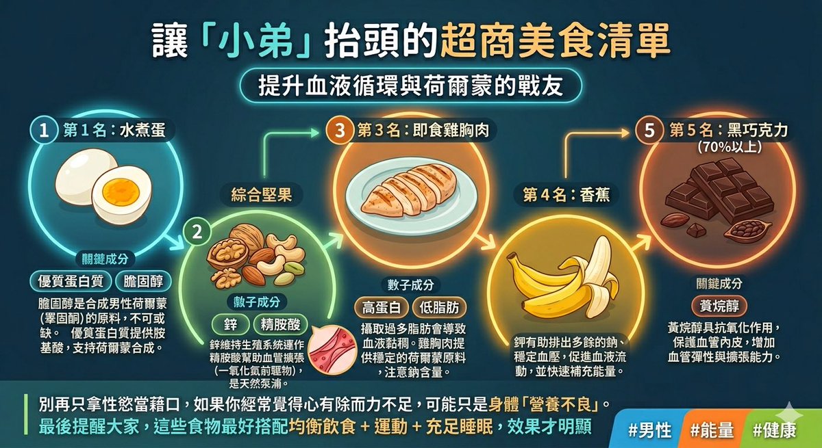 andy88988696's tweet photo. 让「小弟」抬头的超商美食清单

很多时候「力不从心」并非没兴趣，而是身体的营养没跟上。

想要维持优质的血液循环与荷尔蒙，这 5 类超商随处可见的食物是你的好战友：

第 1 名：水煮蛋

关键成分： 优质蛋白质 ＋ 胆固醇

胆固醇听起来可怕，但它其实是合成男性荷尔蒙（睾固酮）的核心原料。没了它，身体就没有足够的动力。此外，优质蛋白质提供胺基酸原料，支持荷尔蒙合成

第 2 名：综合坚果

关键成分： 锌 ＋ 精胺酸

锌能维持生殖系统运作，而精胺酸则是一氧化氮（NO）的前驱物，能帮助血管扩张、直通末梢，是天然的泵浦。

第 3 名：即食鸡胸肉

关键成分： 高蛋白 ＋ 低脂肪

摄取过多脂肪会导致血液黏稠，不利于勃起。鸡胸肉提供稳定的荷尔��原料，但是要稍微注意一下钠含量

第 4 名：香蕉

关键成分： ��离子

钾能帮助排出多余的钠、稳定血压并促进血液流动。而且香蕉能快速补充能量，对于「临场表现」有即时性的帮助。

第 5 名：黑巧克力（可可含量 70% 以上）

关键成分： 黄烷醇

高纯度的可可具有强大的抗氧化作用，能保护血管内皮细胞，增加血管弹性与扩张能力，低调却非常有感。

别再只拿性欲当借口，如果你经常觉得心有余而力不足，可能只是你的身体「营养不良」了。先从调整超商午餐开始，给血管和荷尔蒙最精准的燃料！

最后提醒大家，这些食物最好搭配均衡饮食 + 运动 + 充足睡眠，效果才明显

#男性 #能量 #健康